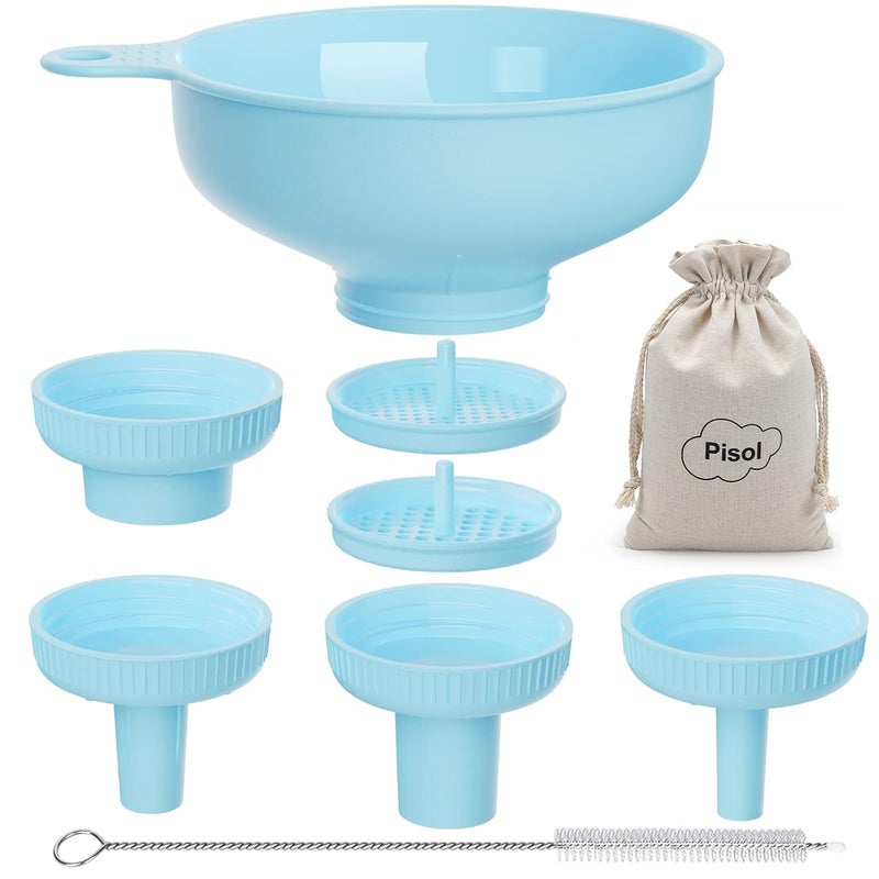Pisol Wide Mouth Versatile Funnel, Canning Funnels for Kitchen Use, Food Grade Plastic Cooking Funnel Set with 4 Size Spouts and 2 Strainers for Filling Different Bottles and Bags, Blue - Image 1
